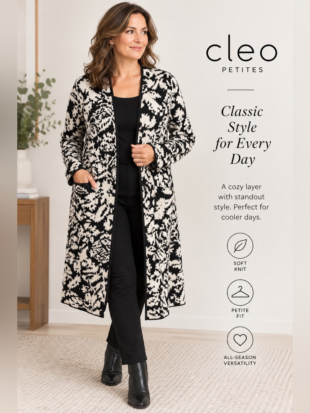 Cleo Petites Black Cream Jacquard Long Cardigan Coatigan XL